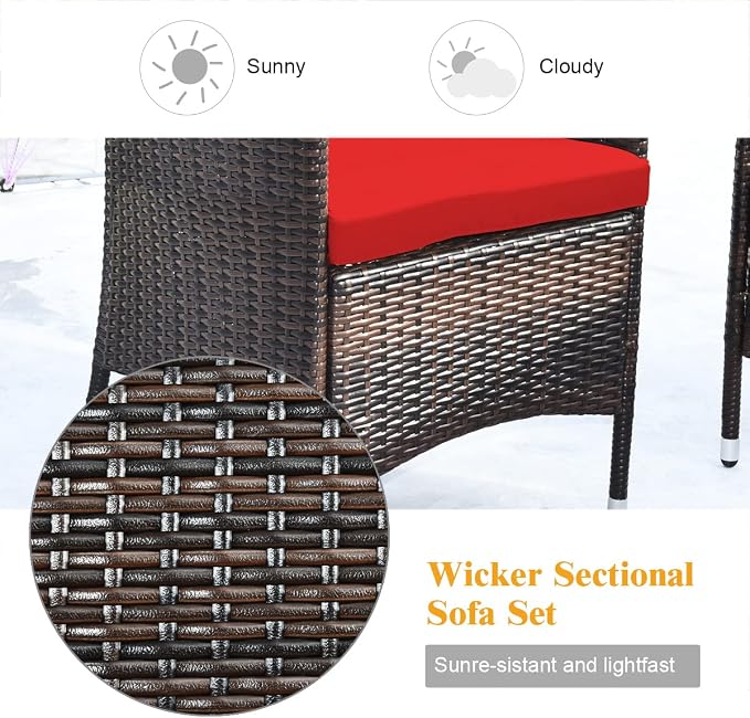 8 Pieces Patio Sofa Set, Wicker Conversation Set with Ergonomic Curved Backrest, Water-Resistant Cushion & Tempered Glass Table for Balcony, Porch (Red)