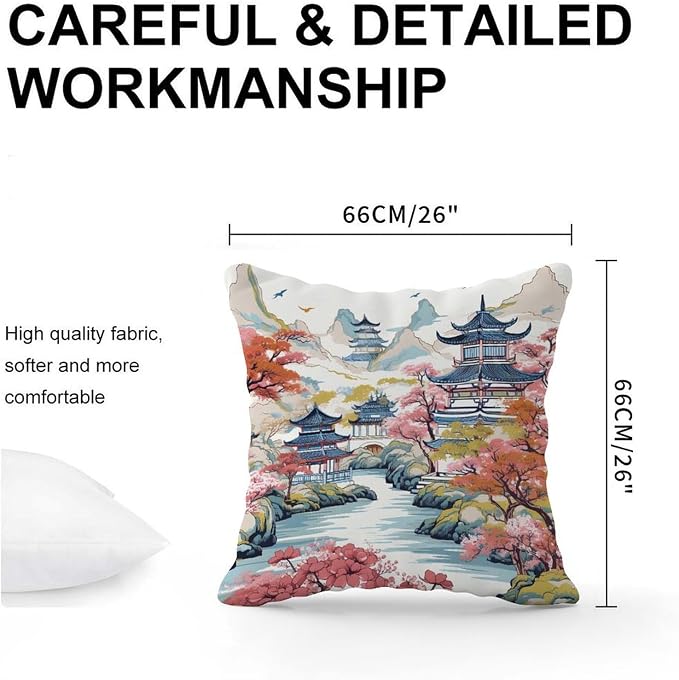 Chinoiserie Pagoda White Coral Blue Throw Pillow Covers Chinoiserie Chic Asian Throw Pillow Cover Retro Throw Pillow Covers Farmhouse Decorative for Patio Furniture Porch 26x26 in