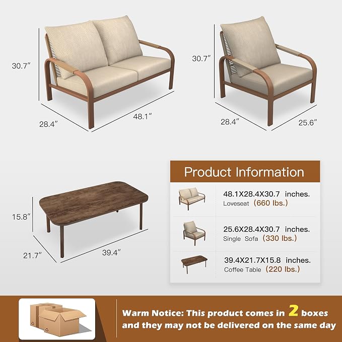 Aluminum Patio Furniture Set Outdoor Sectional Sofa with Cushions and Coffee Table, All-Weather Metal Frame, Ideal for Backyard, Garden, Balcony Beige
