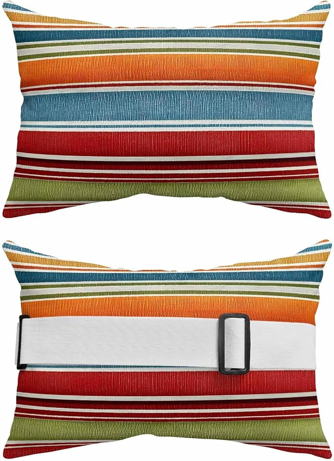 Outdoor Pillow for Chaise Lounge Chair, Modern Colorful Stripes Waterproof Headrest Pillow with Insert and Strap Red Green Blue Burlap Texture Lumbar Support Pillows for Pool Patio Office, Set of 2