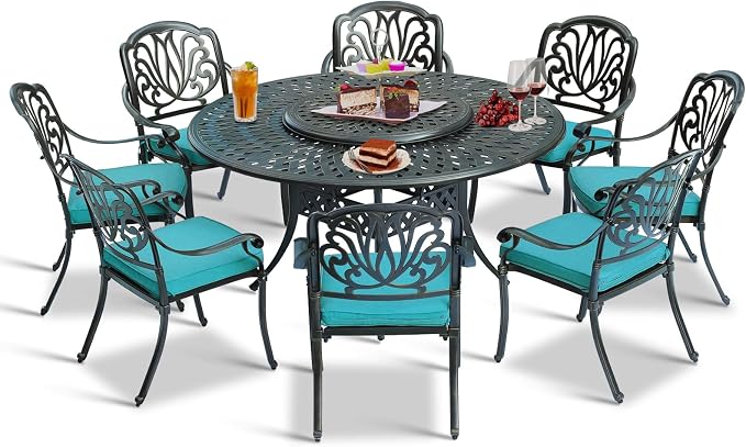 9-Piece Patio Cast Aluminum Dining Set, 8 Person Outdoor Dining Furniture Set, Includes 8 Cushioned Chairs and 61" Large Round Dining Table with 31" Lazy Susan, Umbrella Hole, Ocean Blue