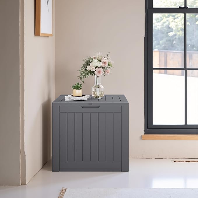 JUMMICO 42 Gallon Deck Box Waterproof, Resin Outdoor Storage Box with Side Handles, Outdoor Storage Benches Lockable for Patio Cushions and Garden Tools (Gray)