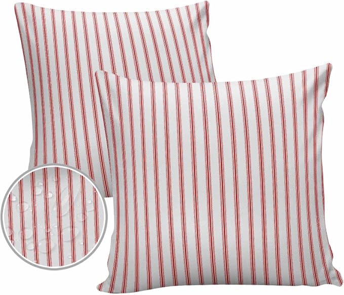 Outdoor Waterproof Throw Pillow Covers 24x24in, Red Lines Cushions for Garden Patio Furniture Chairs Set of 2, Modern Stripes Home Decor Couch Sofa Polyester Pillow Cases