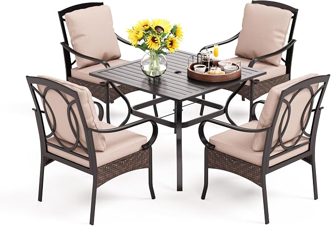PHI VILLA 5 Piece Patio Dining Set, Square Table, Wicker Chairs | Heavy Duty Patio Table Set for Deck, 4 Extra Large Outdoor Metal Wicker Dining Chairs with Thick Cushions
