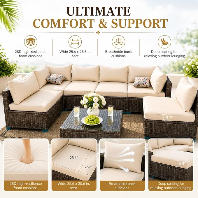 7 Piece Outdoor Sectional Outdoor Patio Furniture Set, Outdoor Patio Furniture Set with Coffee Table, Sectional Couch Sofa with Cushions, Wicker Outdoor Conversation Set for Backyard & Garden, Brown