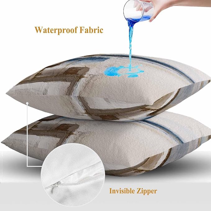 Throw Pillow Covers 16x16 Inch Set of 2, Beige Brown Blue Waterproof Outdoor Cushion Covers, Vintage Abstract Mottled Texture Decorative Pillowcases for Couch, Sofa, Bed, Garden, Patio