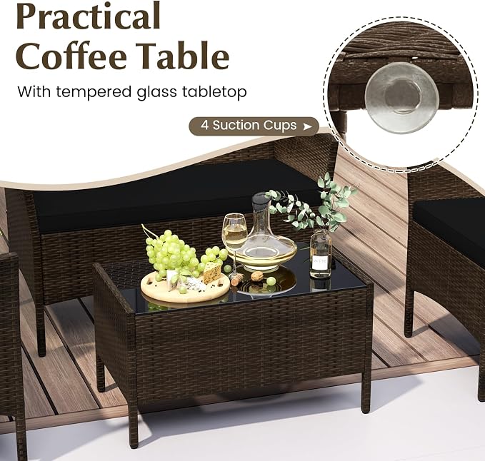 Tangkula 8 Piece Patio Rattan Conversation Set, Outdoor Wicker Furniture Set with Chair, Loveseat & Tempered Glass Table, Cozy Seat Cushions, Outside Sectional Sofa Set for Backyard, Porch (1,Black)
