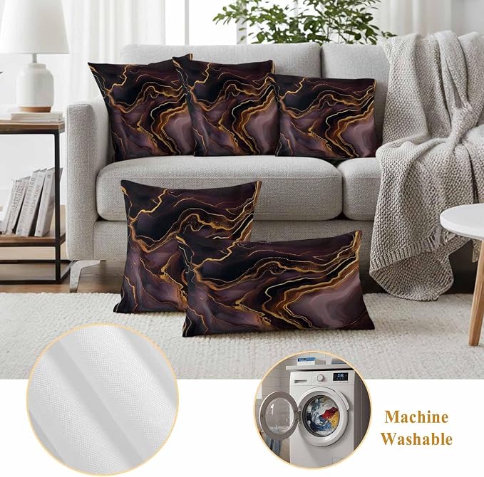 Abstract Marble Texture Outdoor Waterproof Throw Pillow Covers Set of 2, 26"x26", Purple Gold Waves Art Decorative Pillow Covers Outside Cushion Case for Patio Porch Garden
