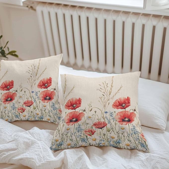 Red Poppy Flower Waterproof Outdoor Pillow Covers Set of 2 Home Decor, Patriotic Botanical Summer Floral Pillowcase Patio Pillow Covers for Couch Bench Furniture Garden 18x18in