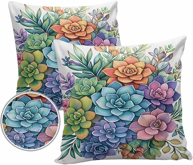 Outdoor Waterproof Pillow Covers Watercolor Succulent Plants Set of 2 Decorative Outdoor Pillowcases Floral Cushion Cases for Patio Funiture Garden Couch Bench 26 x 26 Inches
