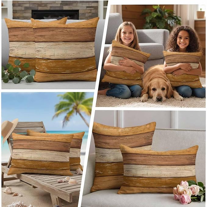 Farmhouse Yellow Brown Outdoor Waterproof Pillow Covers, Vintage Wooden Striped Decorative Square Throw Pillowcase Sofa Cushion Sham for Patio/Couch/Chair, 24"x24" 2 Pack
