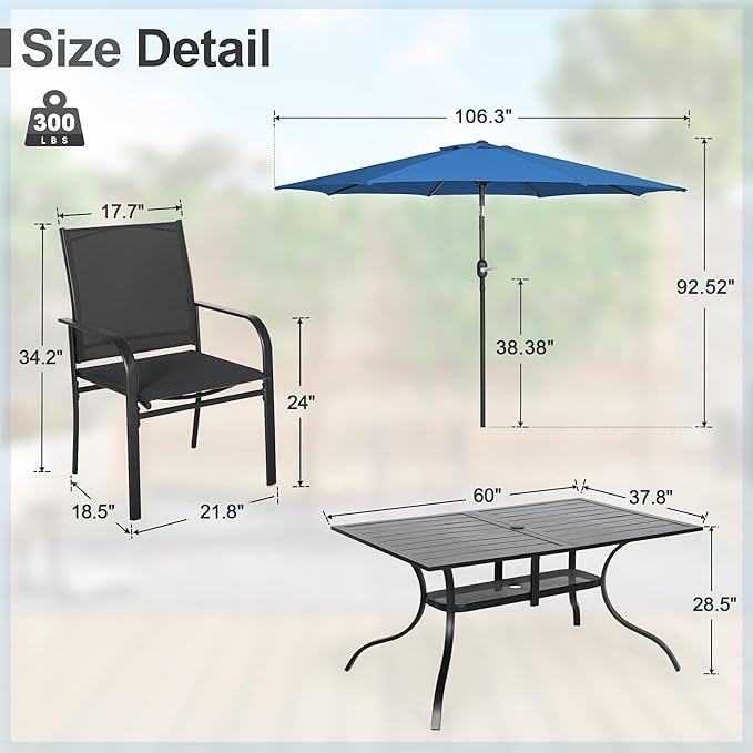 Crownland 7 Piece Patio Dining Set, Textilene Dining Sets, 6 Textilene Metal Chairs and Rectangular Outdoor Dining Table with Dark Blue 9FT Round Outdoor Umbrella (Black)