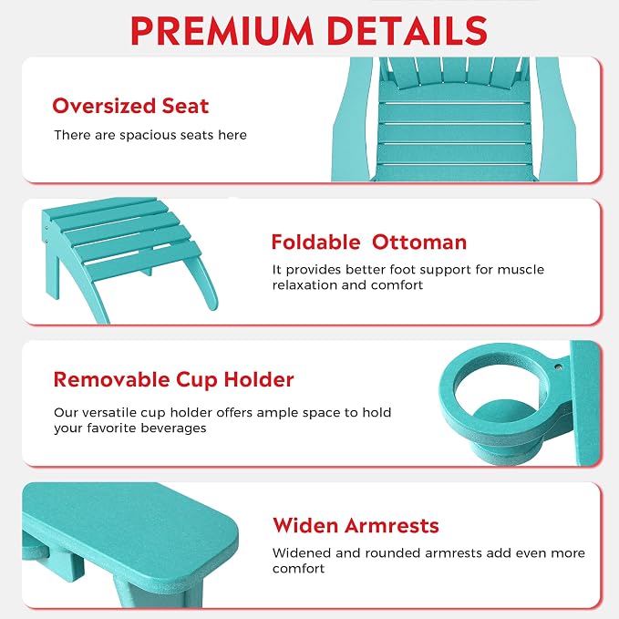 Costaelm Lakeview 4-Piece Outdoor Patio HDPE Adirondack Chairs with Ottomans and Cup Holder Set, Turquoise