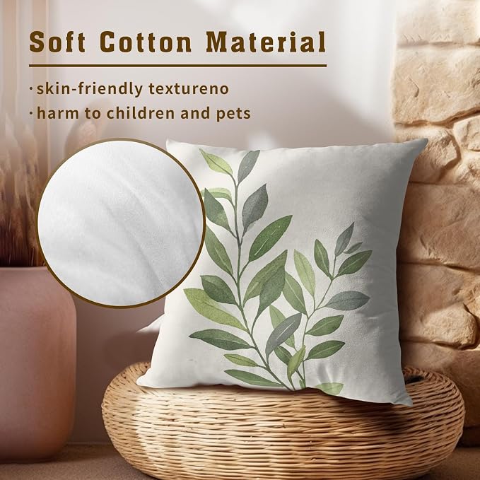Sage Plants Leaves Pillow Covers Set of 2, 16x16 Inch Rustic Green Grey Leaf Cotton Throw Pillowcases for Couch Sofa Bed Porch Patio Cabin Cottage Home Decor