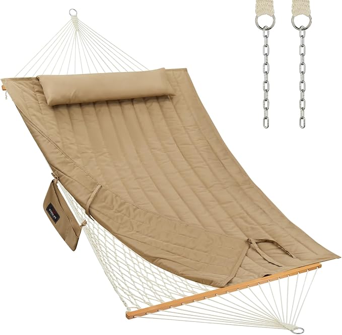 CHULIM Outdoor Double Hammock with Hardwood Spreader Bars, Large Rope Hammock with Polyester Pad and Pillow, 475 LBS Capacity for 2 Person Patio Backyard Poolside - Tan