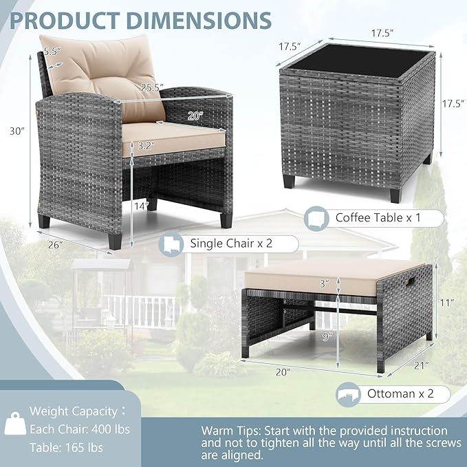 ORALNER 5 Pieces Patio Furniture Set with Ottoman, Wicker Conversation Set w/Cushions, Glass Coffee Table, Outdoor Lounger Rattan Chairs Bistro Set for Porch Balcony Garden Deck Poolside (Beige)
