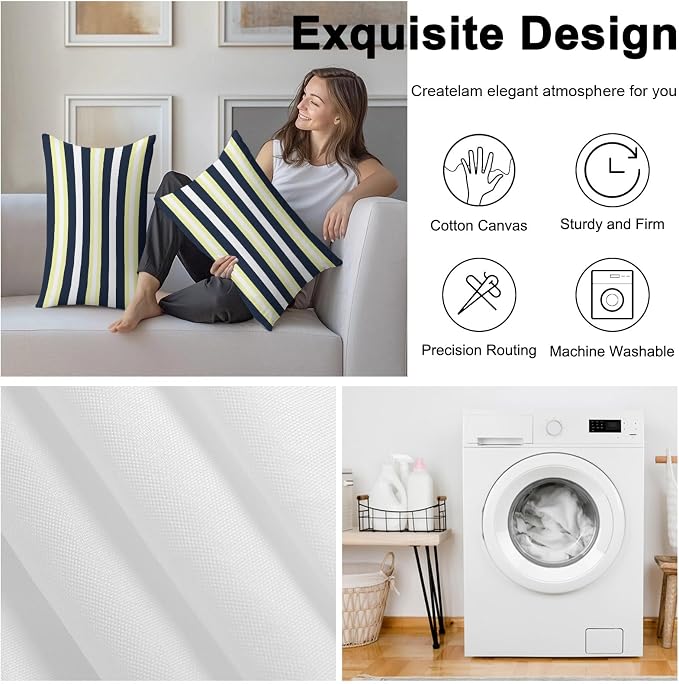 Yellow Navy Blue Striped Outdoor Pillow Covers Waterproof, All Weather Cushion Case Set of 2, Neutral Minimalist Lines Lumbar Pillowcase for Sofa Couch Bed Decor Patio Furniture 20"x12"