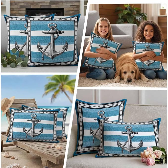 Summer Boat Anchor Outdoor Waterproof Pillow Covers Set of 2, Nautical Ocean Shells Anchor Blue White Stripe Pillowcase Decorative Throw Cushion Cases for Patio Garden Couch 24 x 24 Inches