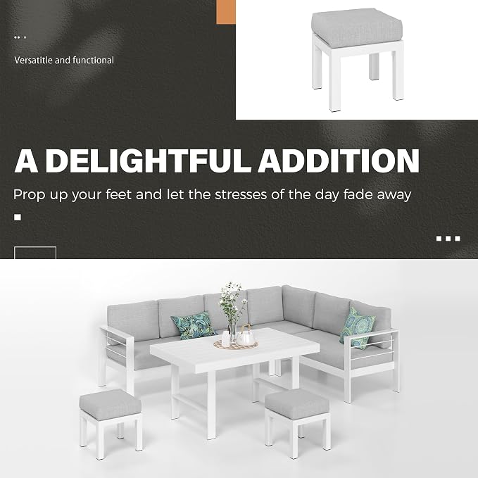 Solaste Aluminum Patio Furniture Set, Metal Patio Sectional Sofa with 2 Ottomans and Imitation Wood Tabletop Dining Table, Modern Outdoor Furniture Couch with Water-Resistant Cushion, White