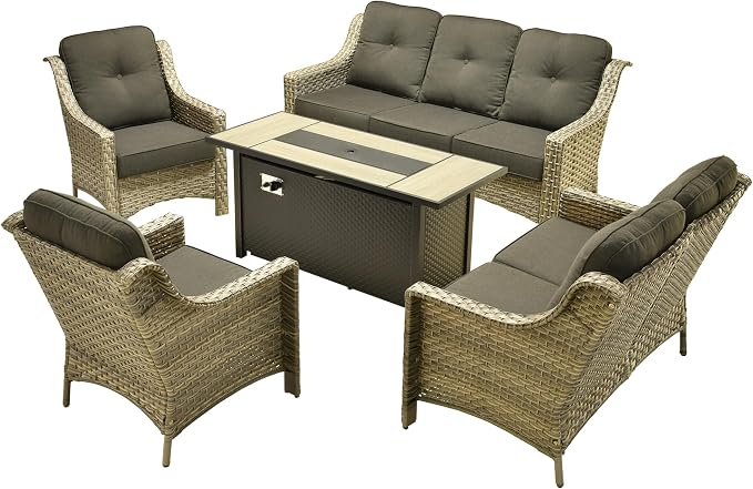 Outdoor Patio Furniture Sets, 5 PCS Patio Conversation Set Outside Rattan Sofa with 54 in Fire Pit Table Comfy Cushions Fit Backyard Porch Garden Poolside Balcony,Black