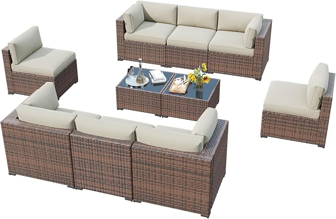 LazySunsets 10 Piece Outdoor Patio Furniture Set with Coffee Table, Outdoor Patio Furniture Sets with Thicken Cushion, Wicker Rattan Outdoor Conversation Set for Backyard & Garden, Beige