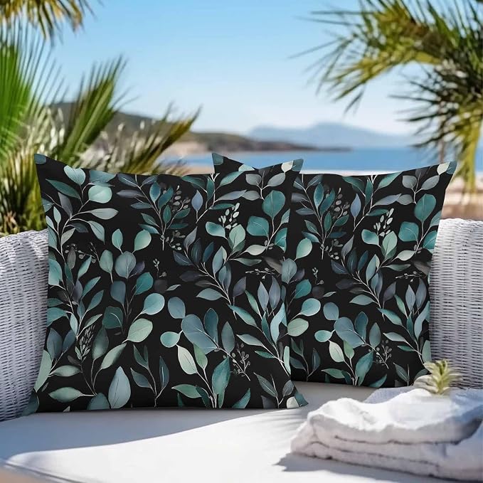 Throw Pillow Covers 26x26 Inch Set of 2, Teal Black Botanical Waterproof Outdoor Pillow Covers, Spring Eucalyptus Leaves Greenery Decorative Cushion Pillowcases for Couch, Sofa, Bed, Garden, Patio