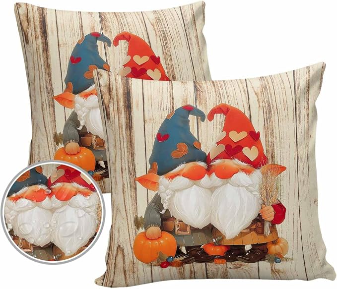 Outdoor Waterproof Throw Pillow Covers 24x24in, Fall Harvest Pumpkins Gnomes Cushions for Garden Patio Furniture Chairs Set of 2, Rustic Wood Grain Home Decor Couch Sofa Polyester Pillow Cases
