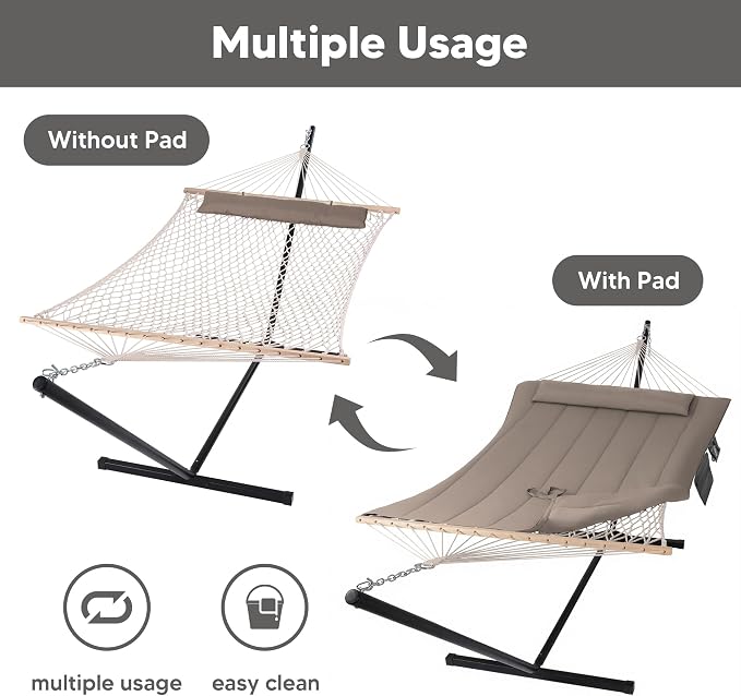 SUNCREAT Hammocks Two Person Hammock with 12ft Stand Included, Max 475lbs Capacity, Heavy Duty Free Standing Hammock, Coffee