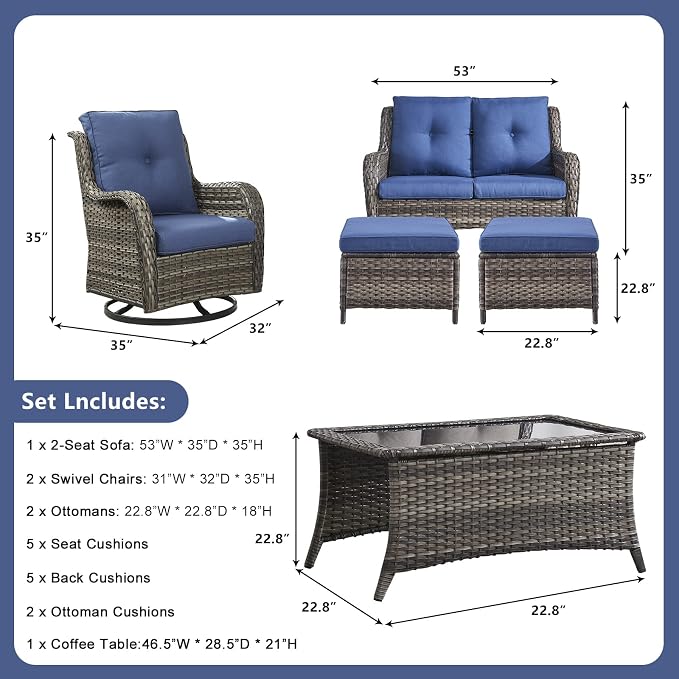 Rilyson 6 Piece Outdoor Patio Furniture Set - Rattan Wicker Patio Conversation Sets with 2 Swivel Rocker Chairs,2 Ottomans,1 Loveseat and 1 Coffee Table for Outside Porch Deck Yard(Mixed Grey/Blue)