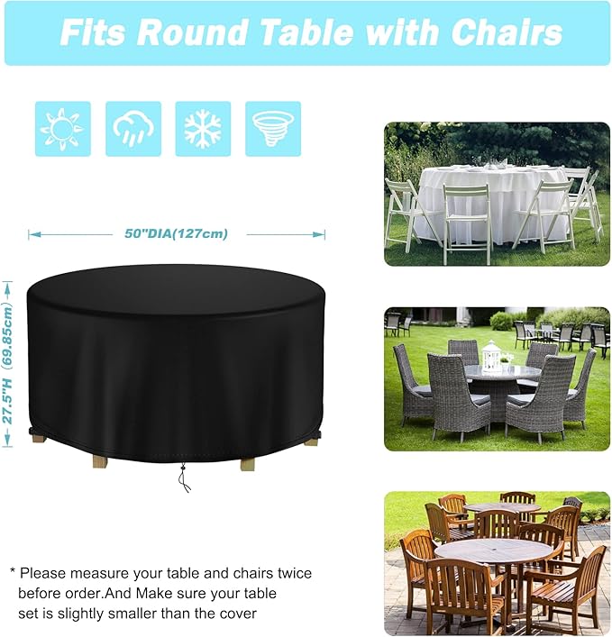 Round Patio Table Cover Waterproof, 50" Diax27.5" H Heavy Duty Oxford Fabric Outdoor Patio Furniture Cover Patio Table Chair Set Covers for Garden Round Table Dining Set, Black