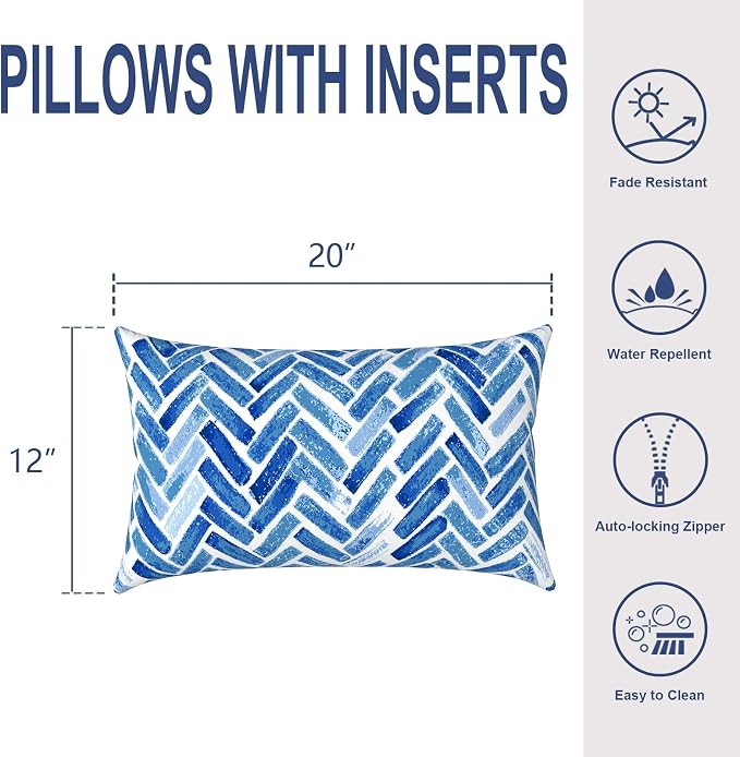 Outdoor Lumbar Pillows, Water Repellent Cushion Pillows 12x20 Inch, Outdoor Pillows with Inserts for Home Garden, Pack of 2, Blue Bricks