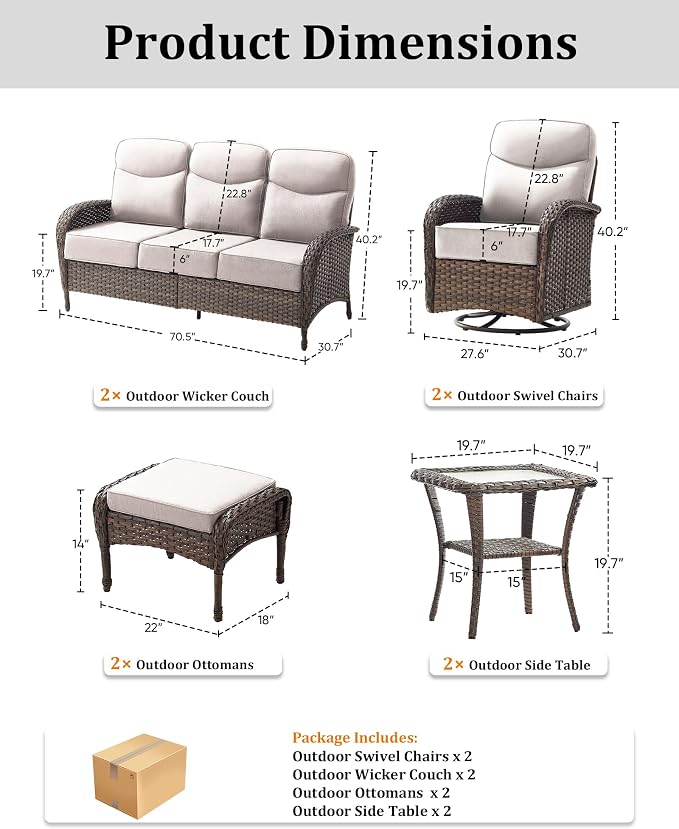 8-Piece Luxury Patio Furniture Set with 6-inch Thick Cushion,Outdoor Wicker Sofa Couch Set of 2 & Swivel Rocker Chairs, Conversation Set for Poolside, Deck & Yard - Gray