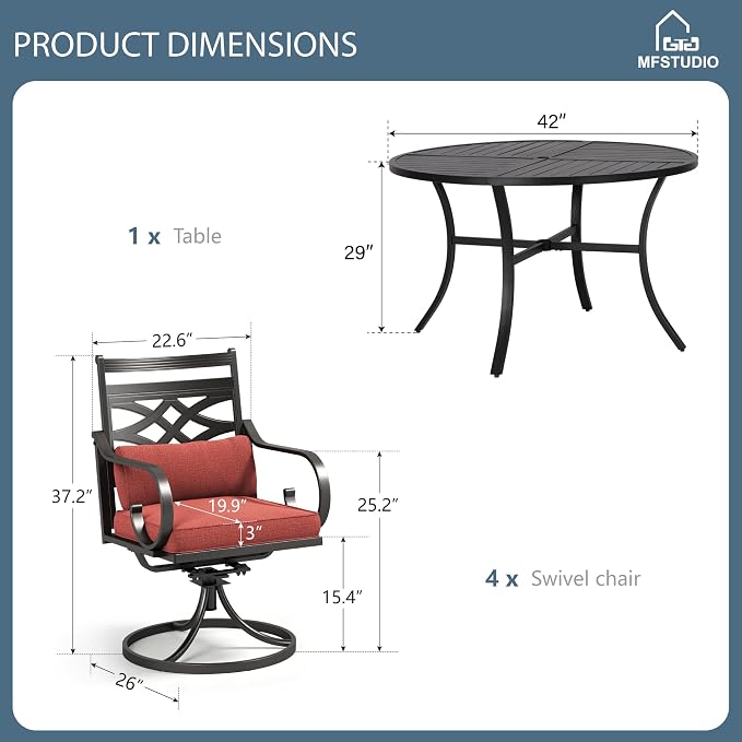 MFSTUDIO 5-Piece Patio Dining Set, 42" Round Metal Table, Swivel Chairs | Umbrella Hole, Red