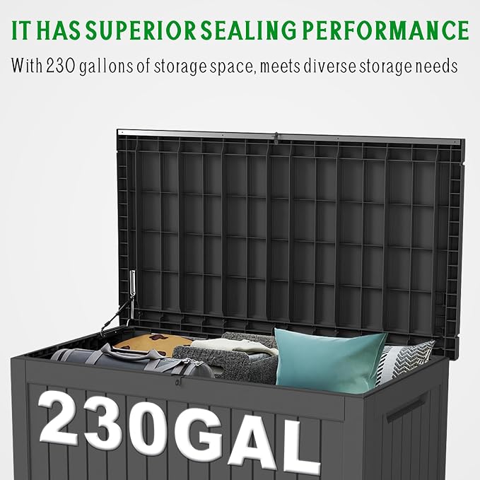 230 Gallon Outdoor Deck Boxes, IP68 Waterproof Outdoor Storage Box with Hydraulic Lid Support, Outside Resin Container for Furniture, Toy, Shoe, Garden & Patio Tools Storage -Black