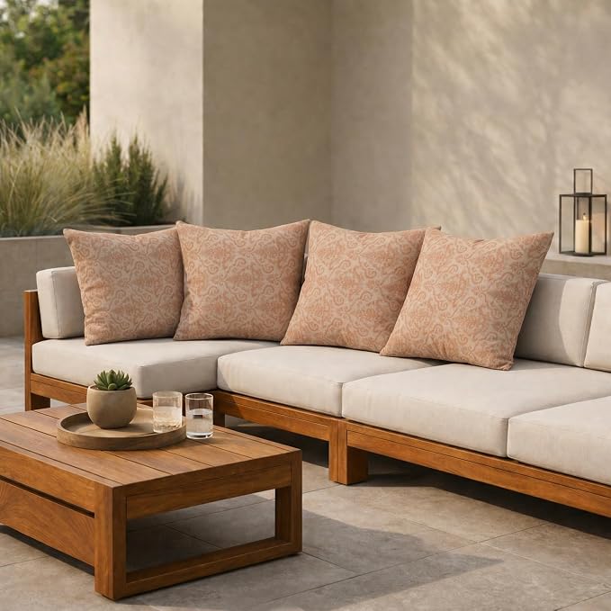 RSH DECOR: Sunbrella Square Throw Pillows Set of 4 | 22" x 22" | Water and Fade-Resistant Performance Fabric | Outdoor Pillow Covers with Down-Alternative Inserts | Made in USA (Rialto Papaya)