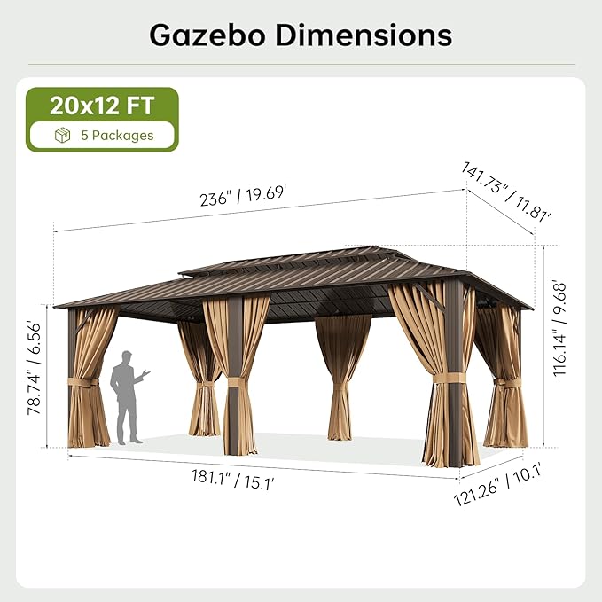 12x20FT Hardtop Gazebo, Metal Frame with Double Galvanized Steel Roof, Permanent Outdoor Pergola with Curtains and Netting Included for Backyard, Patio, Lawn and Garden, Brown