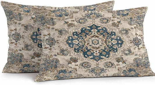 Lumbar Pillow Covers 20x12 Inch Set of 2, Blue Brown Boho Waterproof Outdoor Pillow Covers, Ethnic Vintage Southwestern Geometric Decorative Cushion Pillowcases for Couch, Sofa, Bed, Garden, Patio