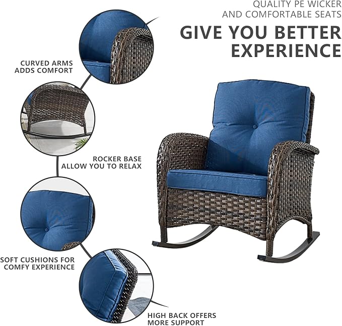 Belord 6 Pieces Outdoor Patio Furniture Set with Wicker Rocking Chairs, Rattan Patio Conversation Set with Glider Loveseat Ottomans and Side Table Brown/Blue
