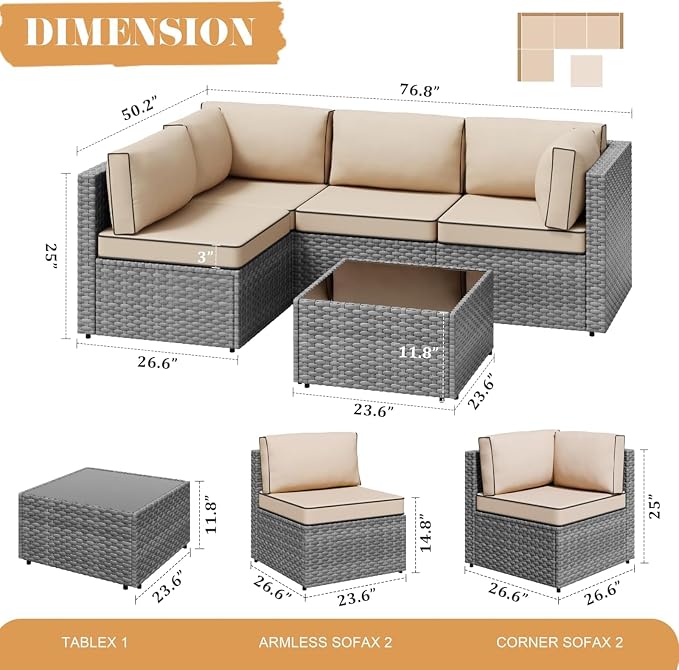 JAMFLY 5-Piece All-Season Wicker Patio Sofa Set with Thick Cushions & Coffee Table, Modular Indoor Outdoor Furniture for Poolside, Garden, Sunroom & Porch, Khaki