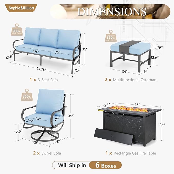 Sophia & William Patio Furniture Sets for 7 with 45" Gas Fire Pit Table Outdoor Conversation Sets 6 Pcs, 2 x Swivel Cushioned Sofa Chairs, 1x3-Seat Sofa, 2xOttomans for Backyard Poolside Blue