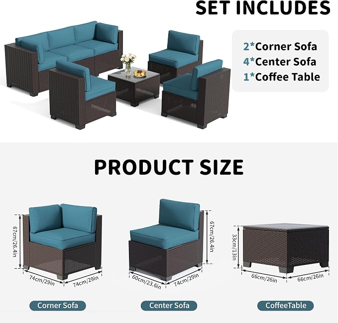 YLGJ&TIDY 7-Piece Outdoor Sectional Patio Furniture Set, All-Weather Wicker Rattan Sofa w/Thick Washable Cushions & Tempered Glass Table, Perfect for Garden, Poolside, Backyard (7, Peacock Blue)