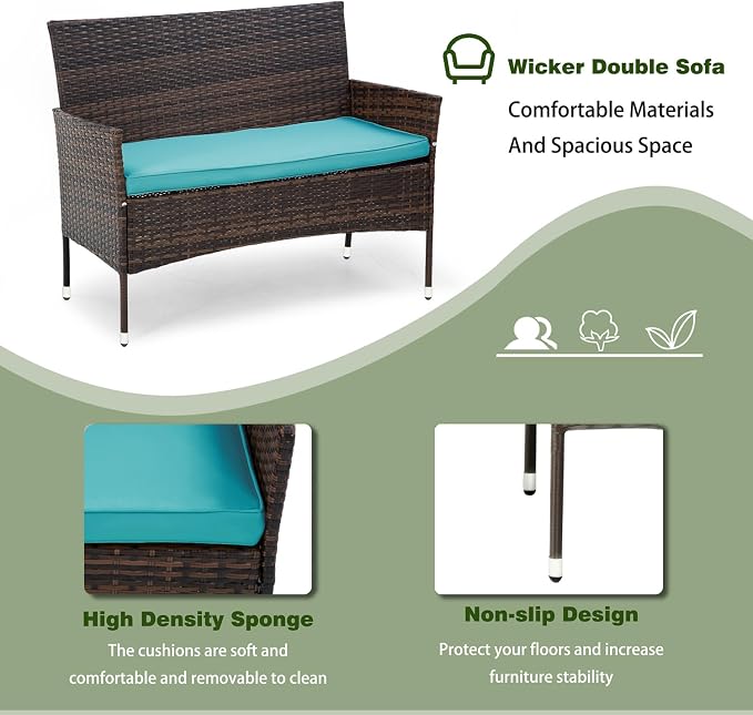PayLessHere Outdoor Furniture Set 4 Pcs Modular Patio Furniture Set Water Resistant Conversation Set with 3 Rattan Chairs 1 Tempered Glass Topped Table for Patio Poolside, Brown Wicker/Blue Cushions