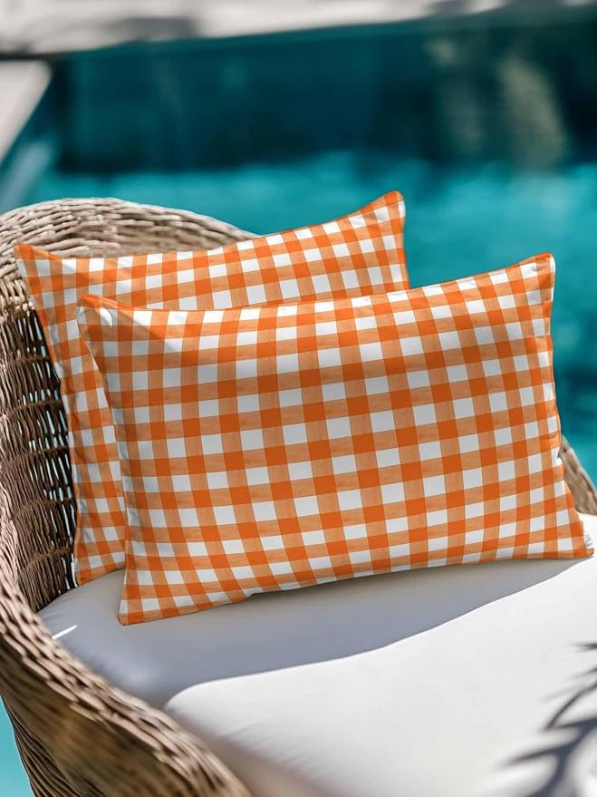 Outdoor Waterproof Throw Pillows Orange Buffalo Plaid Patio Pillows,Decorative Pillow Covers with Insert,Pillow Cushion Case for Garden Couch Sofa Classic Gingham Check Watercolor