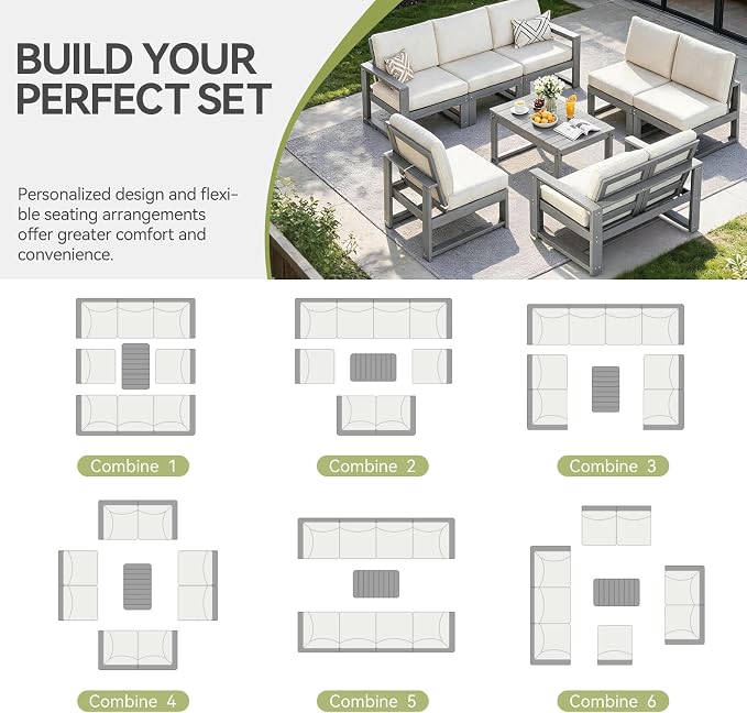 9-Piece Patio Furniture Set,HDPE Outdoor Furniture with Coffee Table,Outdoor Couch Sets with Cushions,Patio Sectional Sofas for Porch,Backyard,Deck,Grey