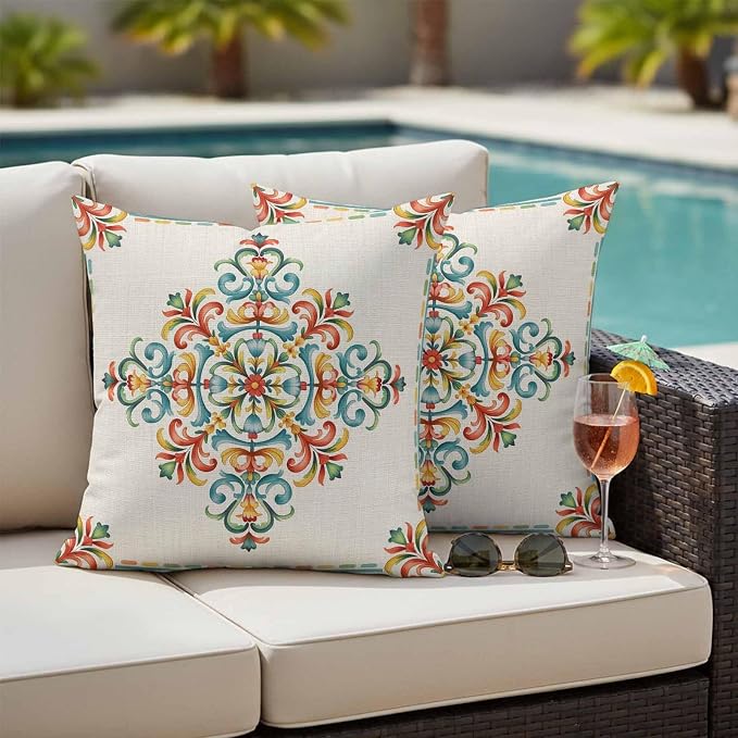 Geometric Flowers Outdoor Pillow Covers 16x16 Inch Throw Pillow Covers Set of 2 Waterproof Decorative Pillow Cases Modern Abstract Colorful Floral on Linen Cushion Covers for Patio Furniture Garden
