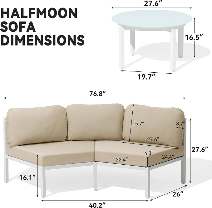 Crestlive Curved Patio Furniture Set, Modular Half Moon 8-Seater Sofa with Round Coffee Table, Aluminum Outdoor Sectional with 4.3" Cushions, All-Weather Couch for Backyard, Deck, Porch, Poolside