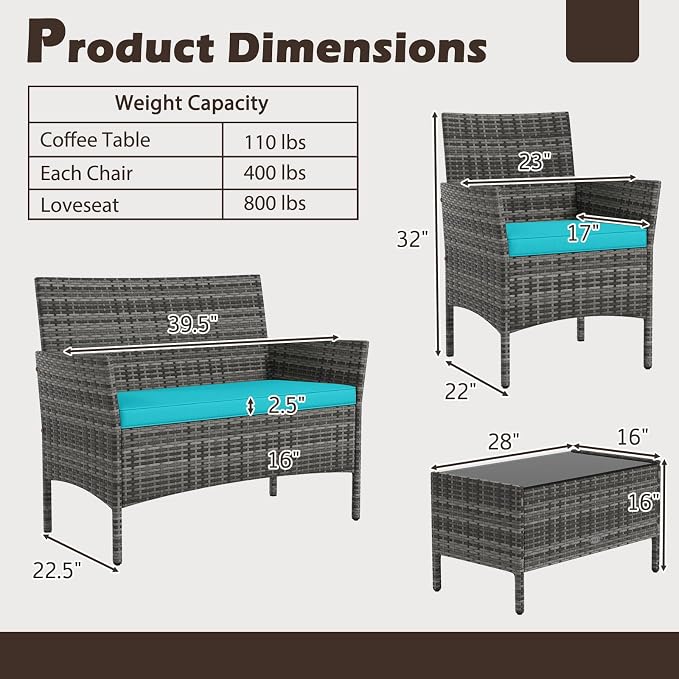 RELAX4LIFE 4-Piece Patio Furniture Set - Rattan Outdoor Conversation Bistro Set w/Cushions, Glass Coffee Table, Wicker Chairs & Loveseat for Garden Backyard Porch Balcony (1, Mix Grey-Turquoise)