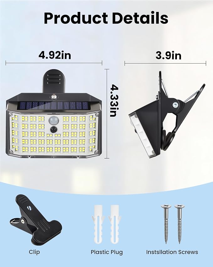 LUHLEE 176LED Clip on Solar Lights Outdoor, 600LM Solar Motion Lights Outdoor with 180° Wide Angle, IP65 Waterproof Portable Solar Fence Lights Outdoor for Fence, Gutter, Garden, Camping, Patio 4Pack