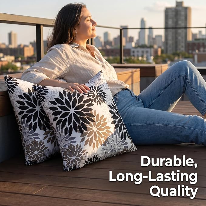 Pack of 2 Dahlia Outdoor Waterproof Throw Throw Pillow Cases 20×20 Black and Brown Throw Pillow Cases Spring Summer Decorative Cushion Covers for Couch Bench Furniture Patio Garden