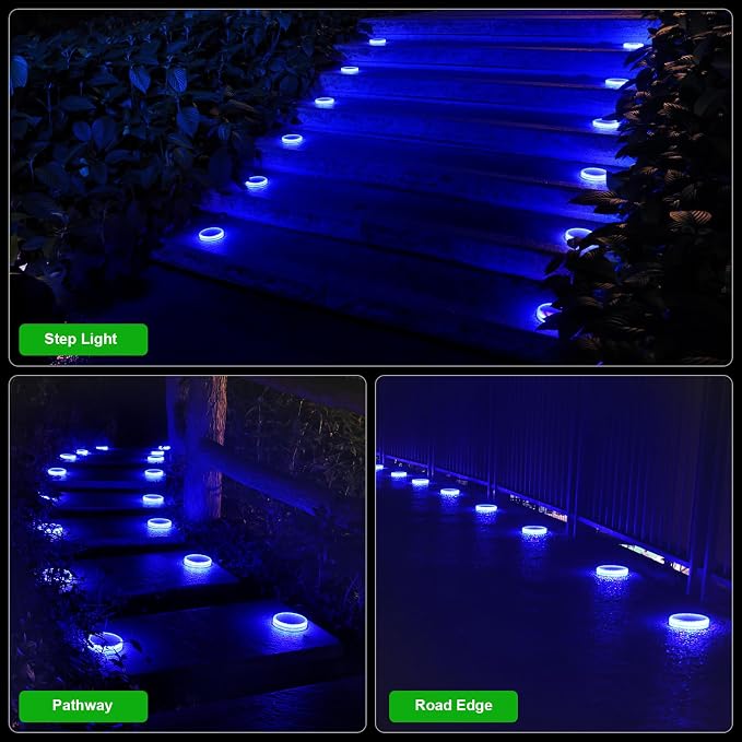 YiLaie Blue Solar Dock Lights Outdoor Waterproof Stick on Boat Deck Step Driveway Lights Solar Powered for Outside Warning Garden Patio Front Stairs Concrete Pathway Walkway (4 Pack)